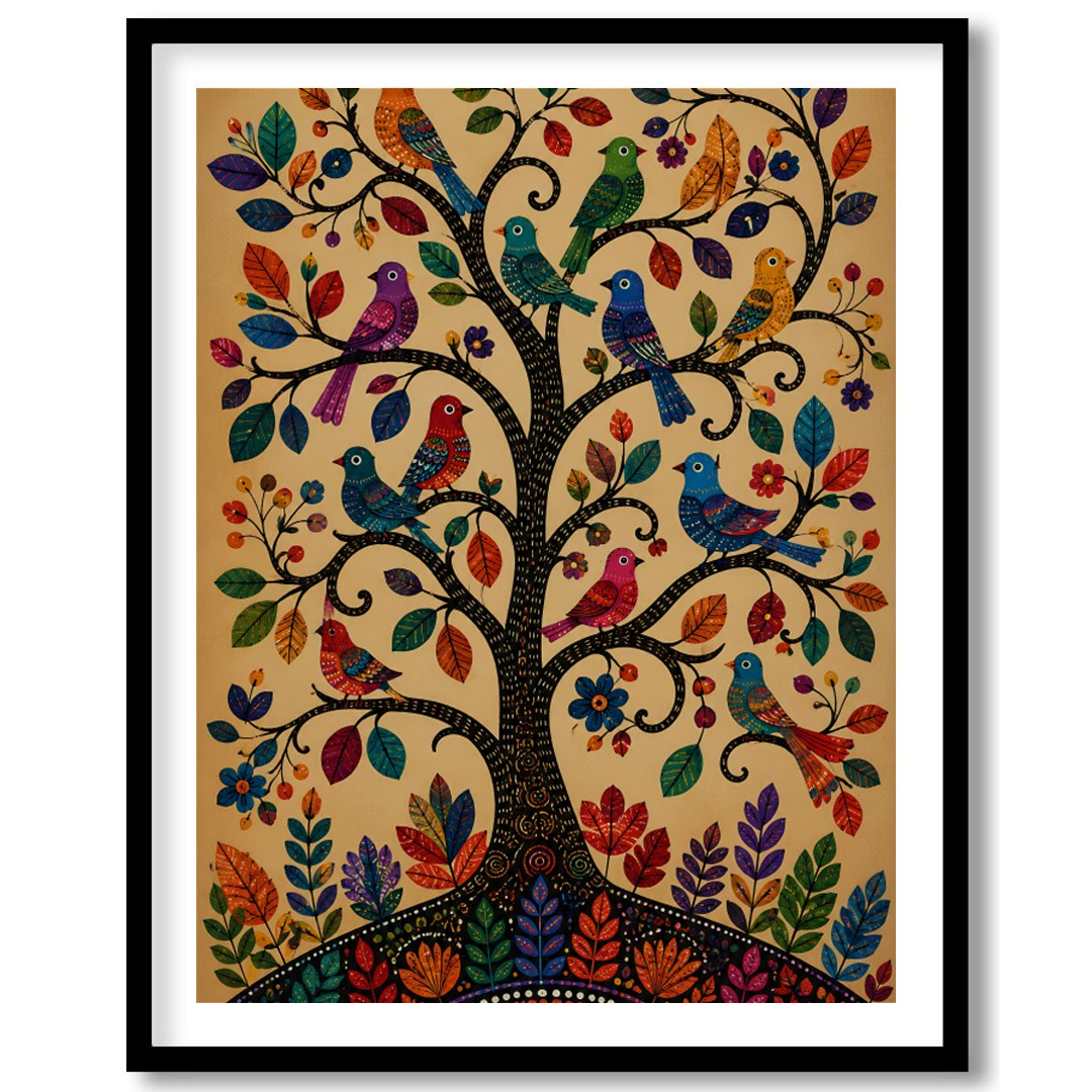 This captivating artwork showcases a tree adorned with colorful birds, each leaf and feather for sanctuary