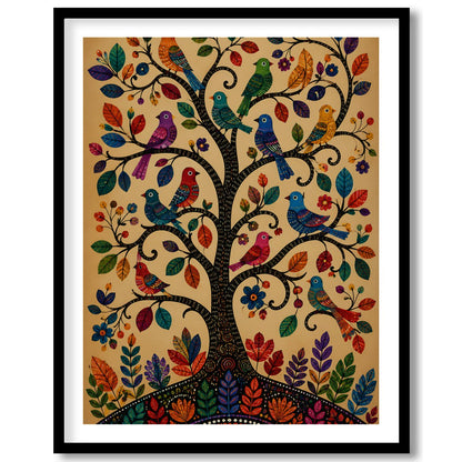 This captivating artwork showcases a tree adorned with colorful birds, each leaf and feather for sanctuary