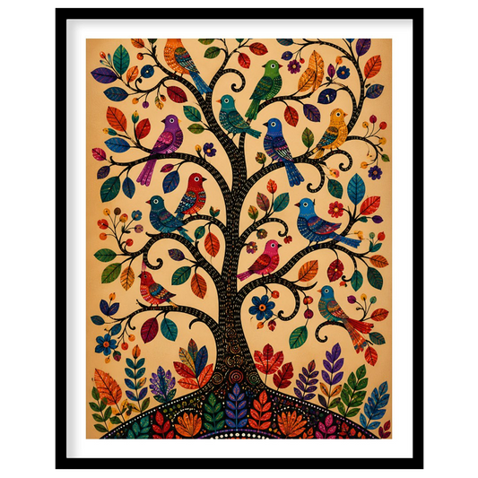 This captivating artwork showcases a tree adorned with colorful birds, each leaf and feather for sanctuary