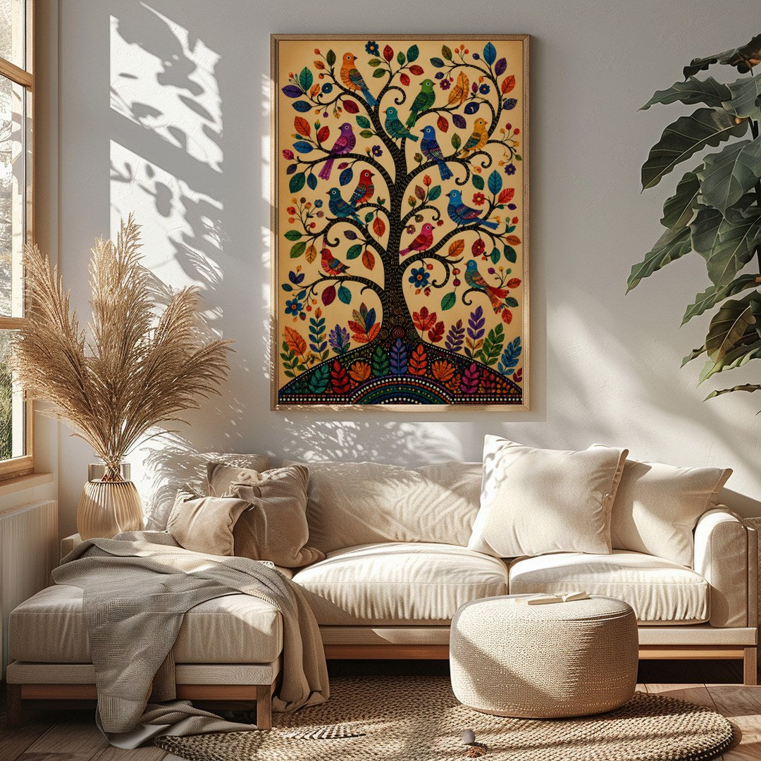 This captivating artwork showcases a tree adorned with colorful birds, each leaf and feather for Sitting Area