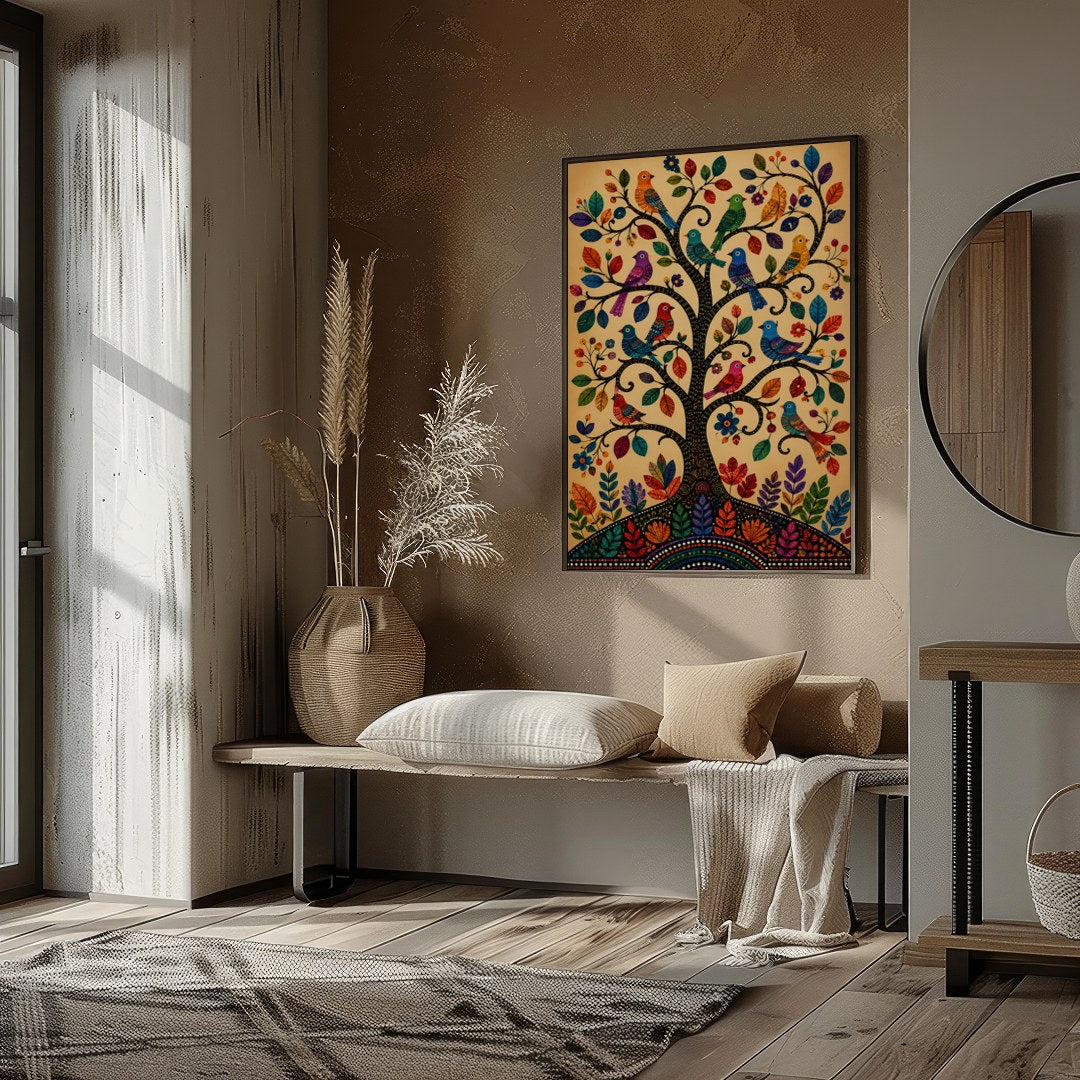 This captivating artwork showcases a tree adorned with colorful birds, each leaf and feather for sweet-home