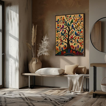 This captivating artwork showcases a tree adorned with colorful birds, each leaf and feather for sweet-home
