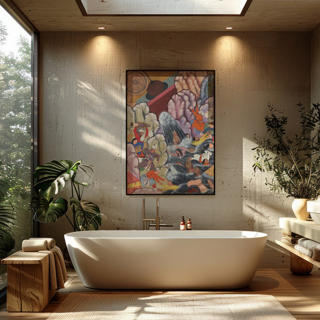 This captivating tapestry painting transports viewers to an intricate historical scene rich with for Bathroom