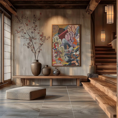 This captivating tapestry painting transports viewers to an intricate historical scene rich with for Hall