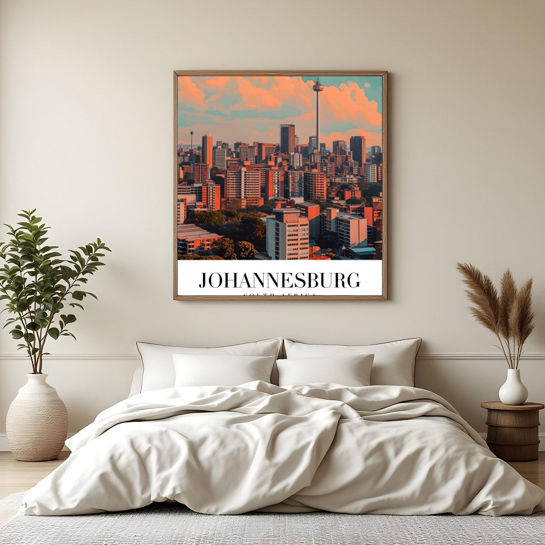 This striking artwork captures the dynamic skyline of Johannesburg, South Africa, bathed in warm for Bedroom
