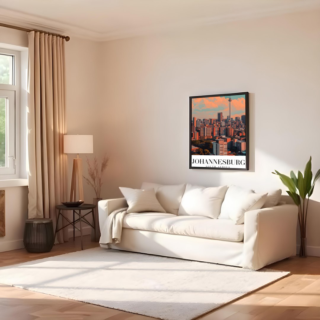 This striking artwork captures the dynamic skyline of Johannesburg, South Africa, bathed in warm for Family Room