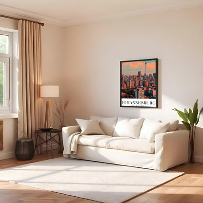 This striking artwork captures the dynamic skyline of Johannesburg, South Africa, bathed in warm for Family Room