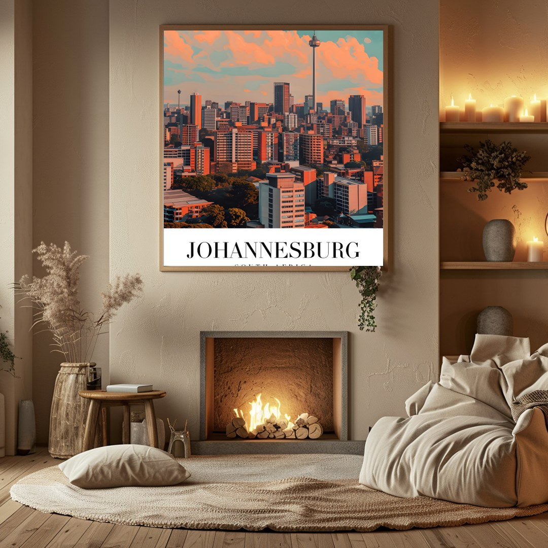 This striking artwork captures the dynamic skyline of Johannesburg, South Africa, bathed in warm for Hall