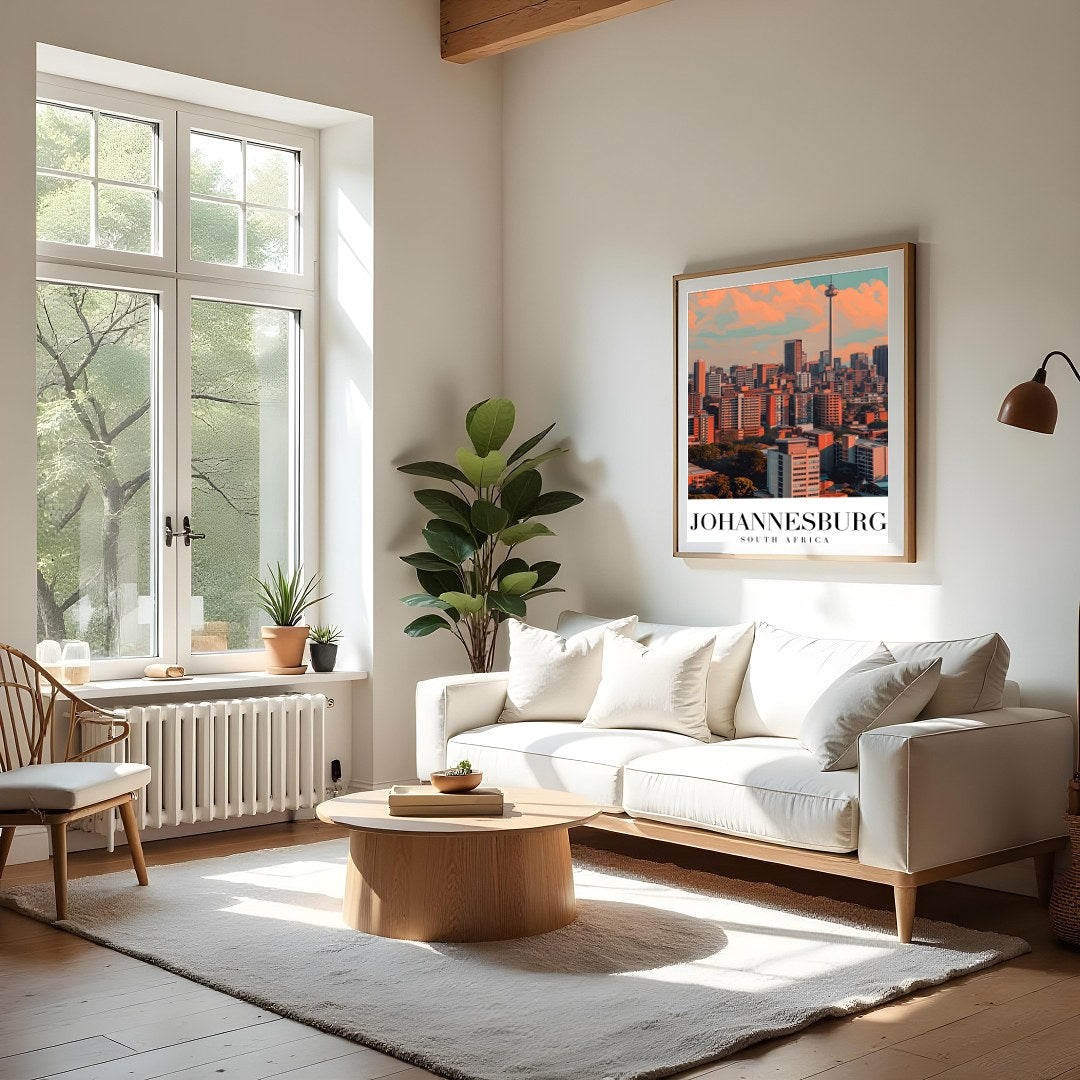 This striking artwork captures the dynamic skyline of Johannesburg, South Africa, bathed in warm for Living Room