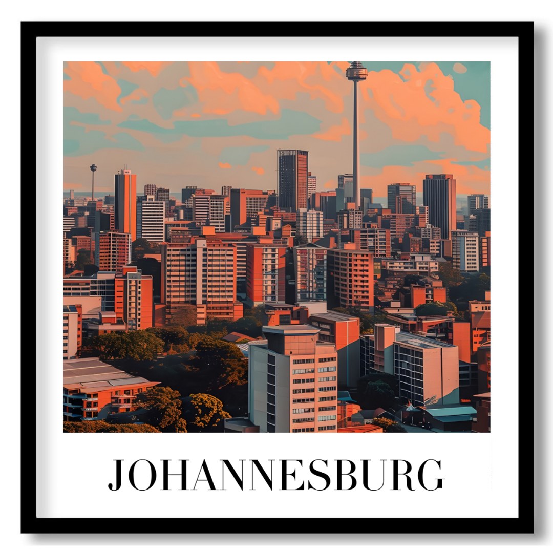 This striking artwork captures the dynamic skyline of Johannesburg, South Africa, bathed in warm for retreat