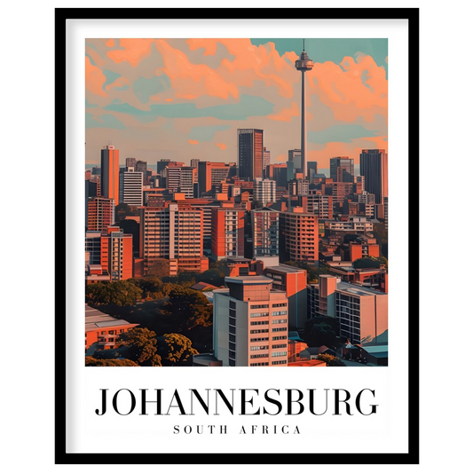 This striking artwork captures the dynamic skyline of Johannesburg, South Africa, bathed in warm for retreat