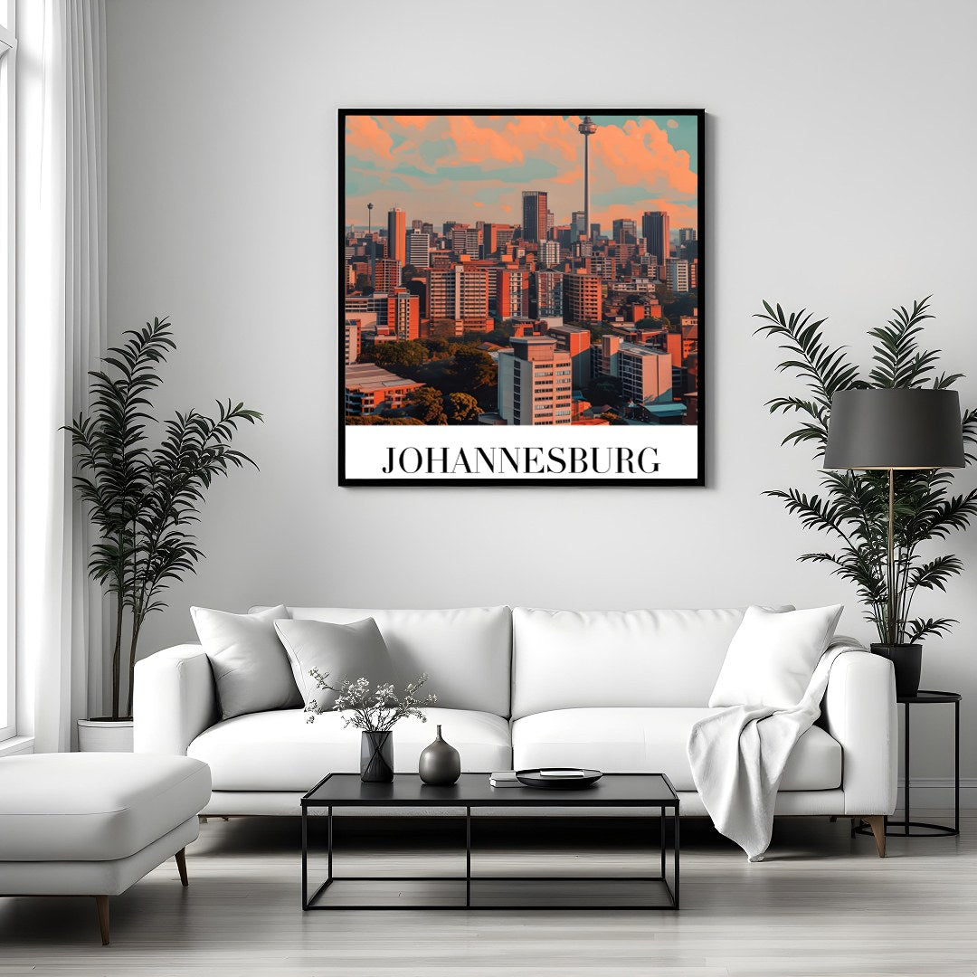 This striking artwork captures the dynamic skyline of Johannesburg, South Africa, bathed in warm for Sitting Area