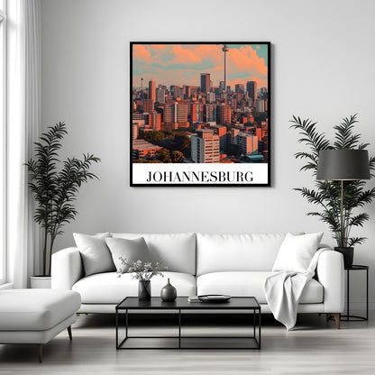 This striking artwork captures the dynamic skyline of Johannesburg, South Africa, bathed in warm for Sitting Area