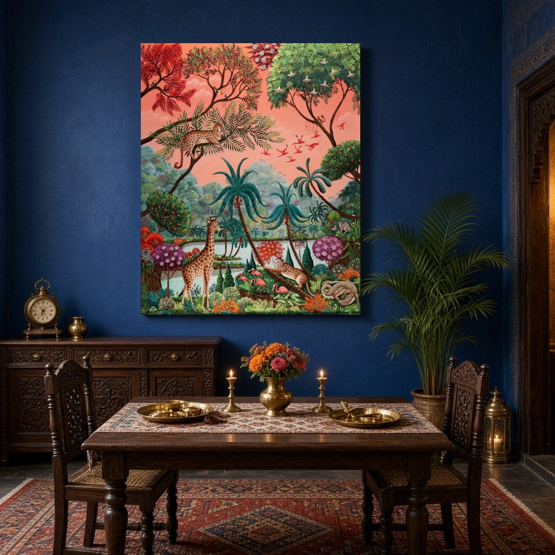 Immerse yourself in the enchanting world of exotic wildlife with this Gond-style artwork. Featuring for Dining