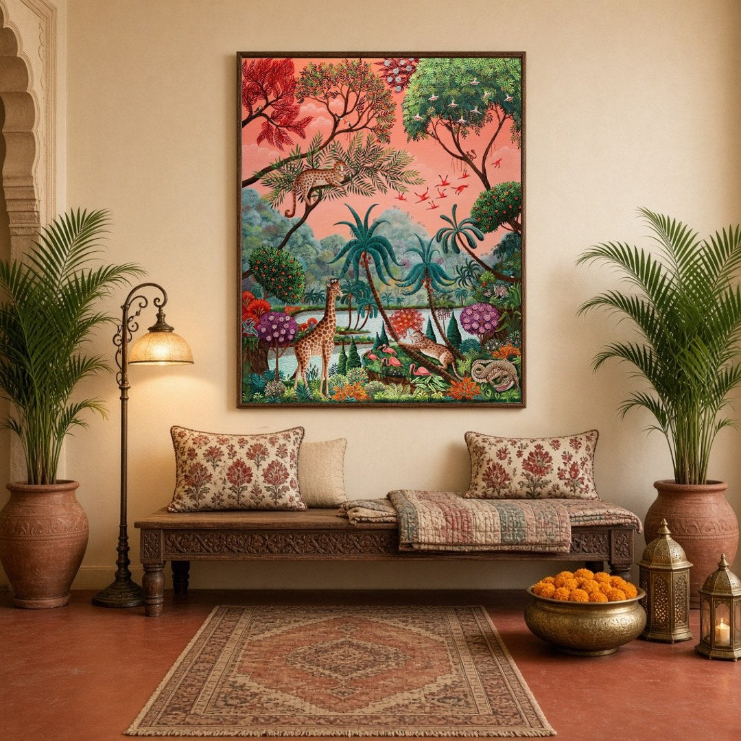Immerse yourself in the enchanting world of exotic wildlife with this Gond-style artwork. Featuring for Hallway