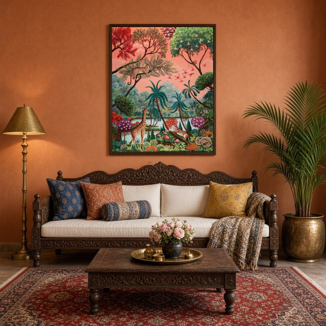 Immerse yourself in the enchanting world of exotic wildlife with this Gond-style artwork. Featuring for Living Room