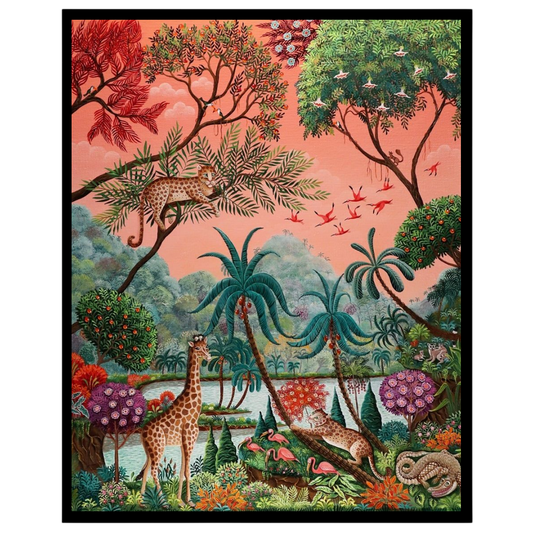 Immerse yourself in the enchanting world of exotic wildlife with this Gond-style artwork. Featuring for space