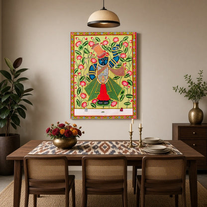 Immerse yourself in the vibrant serenity of this Pichwai artwork featuring Lord Shrinathji for Dining