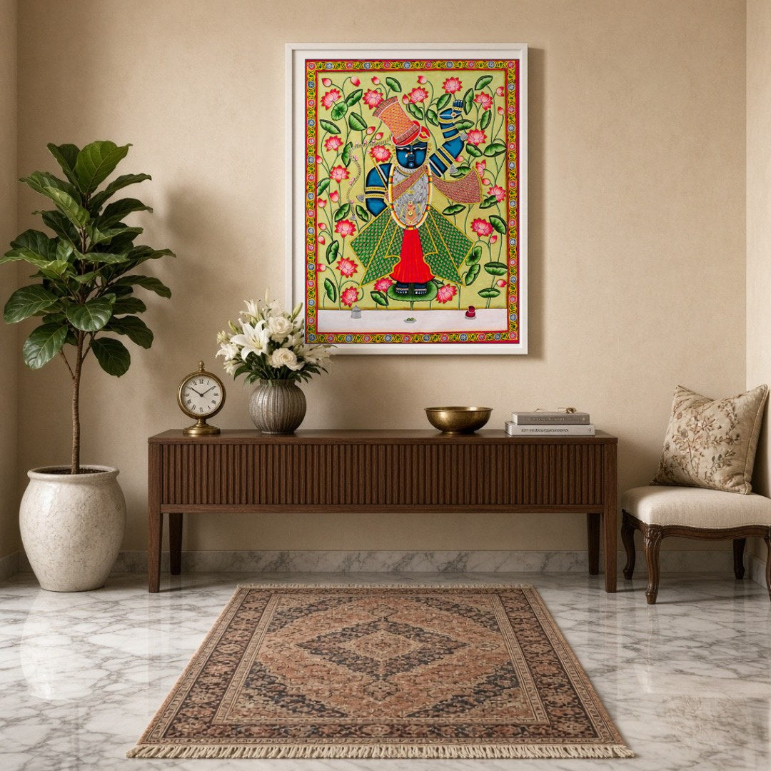 Immerse yourself in the vibrant serenity of this Pichwai artwork featuring Lord Shrinathji for Entrance