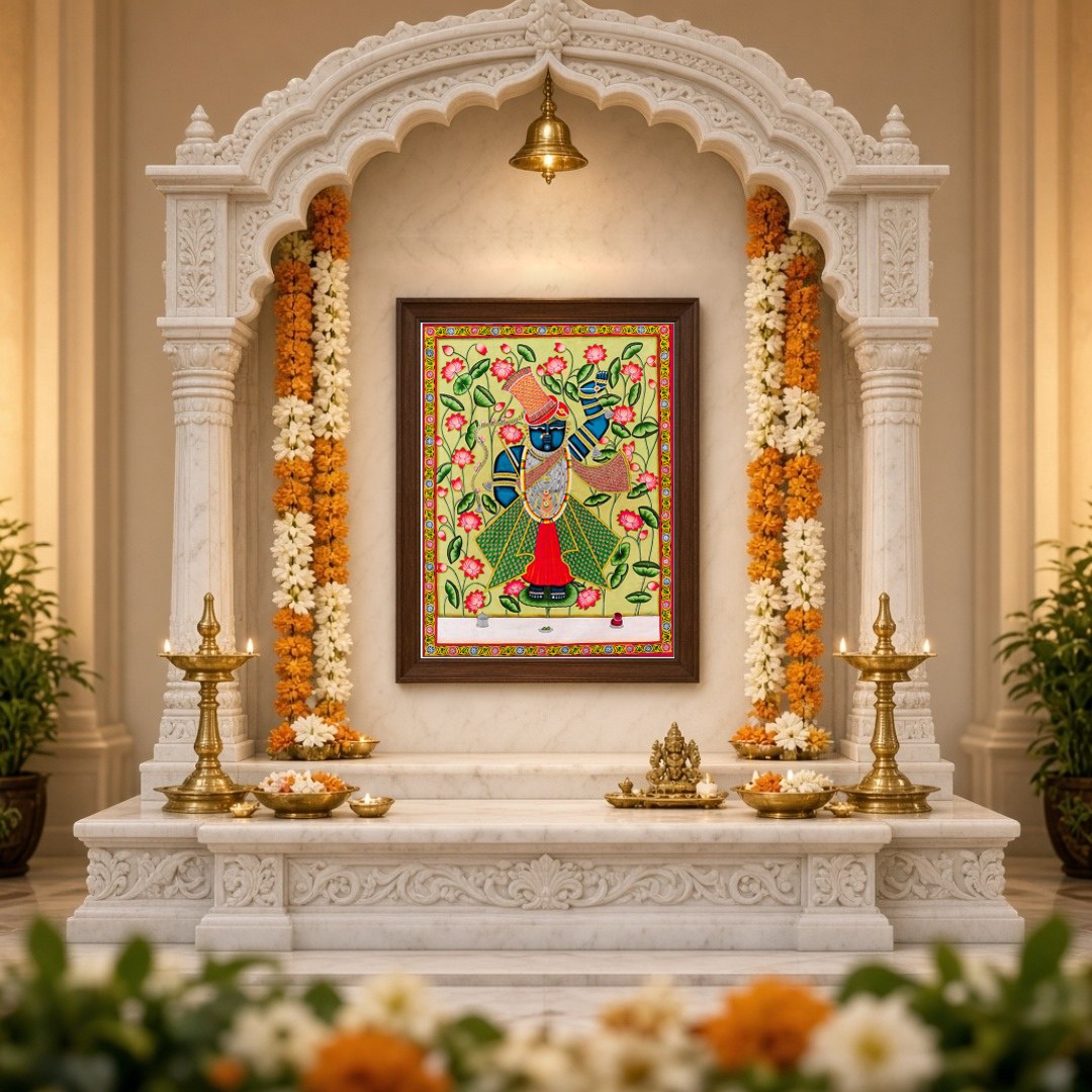 Immerse yourself in the vibrant serenity of this Pichwai artwork featuring Lord Shrinathji for Home Temple