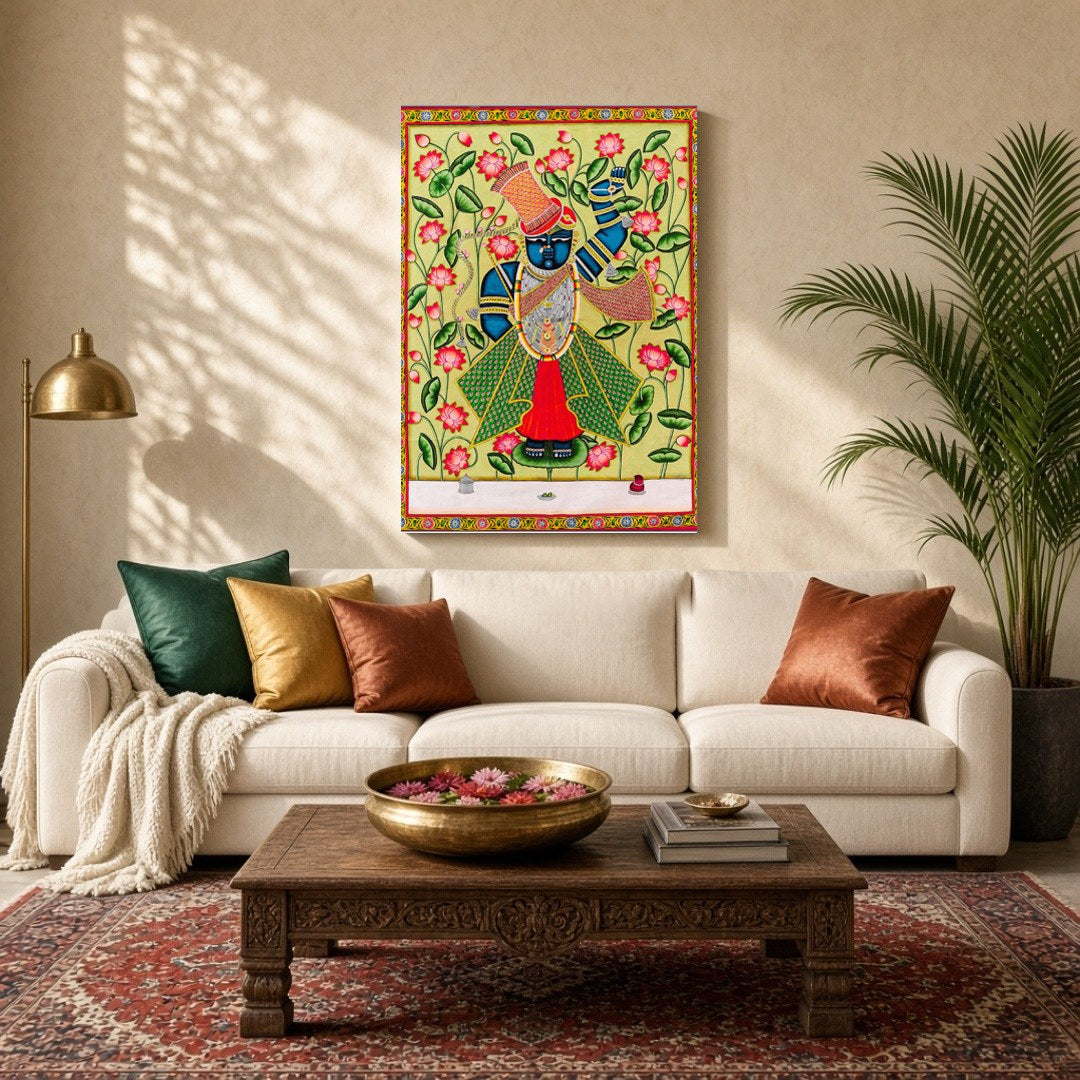 Immerse yourself in the vibrant serenity of this Pichwai artwork featuring Lord Shrinathji for Living Room