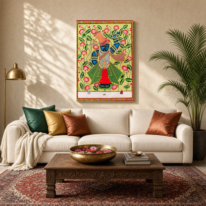 Immerse yourself in the vibrant serenity of this Pichwai artwork featuring Lord Shrinathji for Living Room