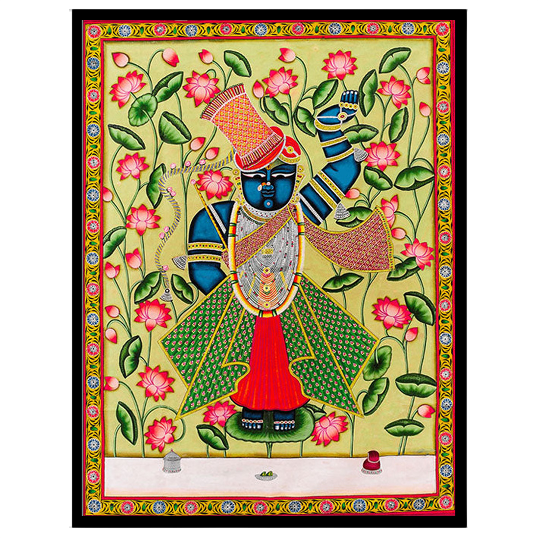 Immerse yourself in the vibrant serenity of this Pichwai artwork featuring Lord Shrinathji for residence