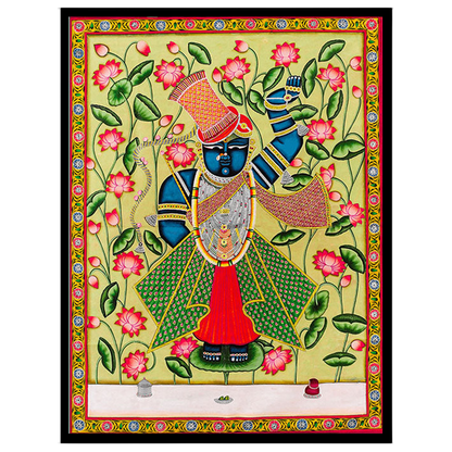 Immerse yourself in the vibrant serenity of this Pichwai artwork featuring Lord Shrinathji for residence