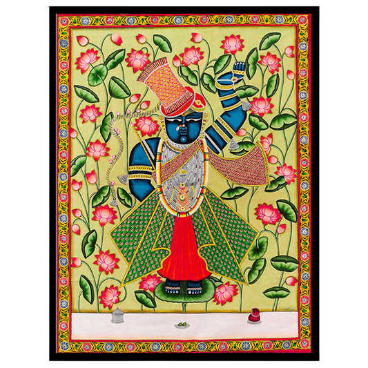 Immerse yourself in the vibrant serenity of this Pichwai artwork featuring Lord Shrinathji for residence