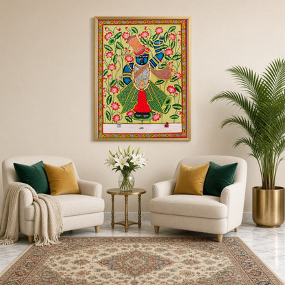 Immerse yourself in the vibrant serenity of this Pichwai artwork featuring Lord Shrinathji for Sitting Lounge