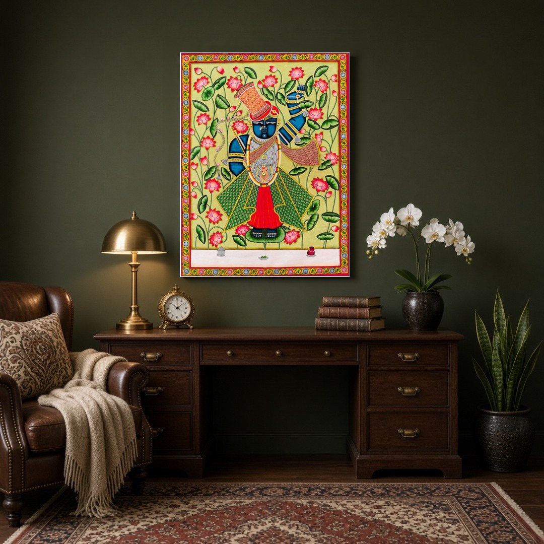 Immerse yourself in the vibrant serenity of this Pichwai artwork featuring Lord Shrinathji for Study