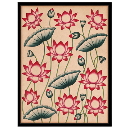 Immerse yourself in the elegance of Pichwai art with this stunning depiction of vibrant lotus for decor