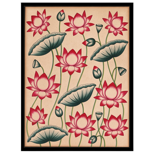 Immerse yourself in the elegance of Pichwai art with this stunning depiction of vibrant lotus for decor