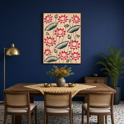 Immerse yourself in the elegance of Pichwai art with this stunning depiction of vibrant lotus for Dining