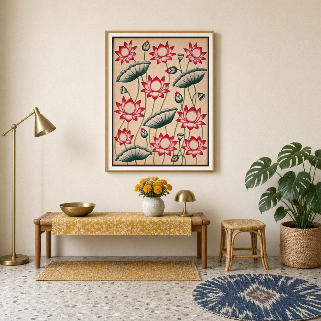 Immerse yourself in the elegance of Pichwai art with this stunning depiction of vibrant lotus for Entrance