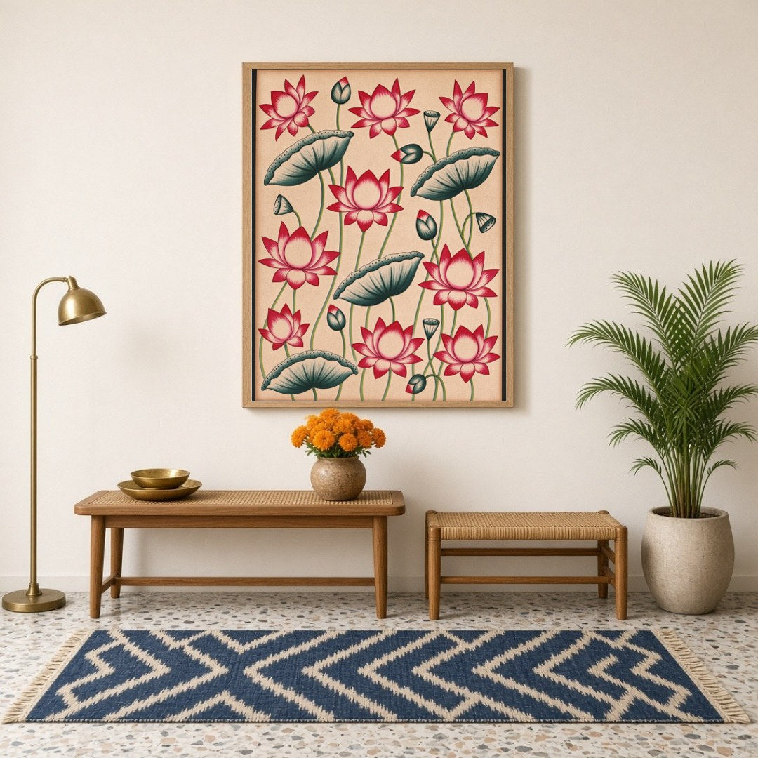 Immerse yourself in the elegance of Pichwai art with this stunning depiction of vibrant lotus for Hallway