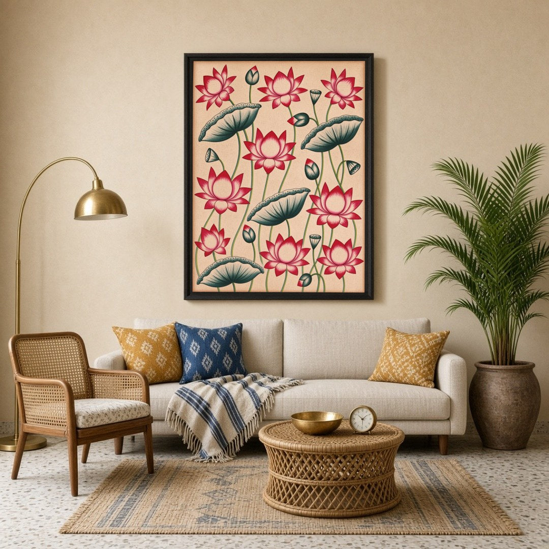 Immerse yourself in the elegance of Pichwai art with this stunning depiction of vibrant lotus for Living Room