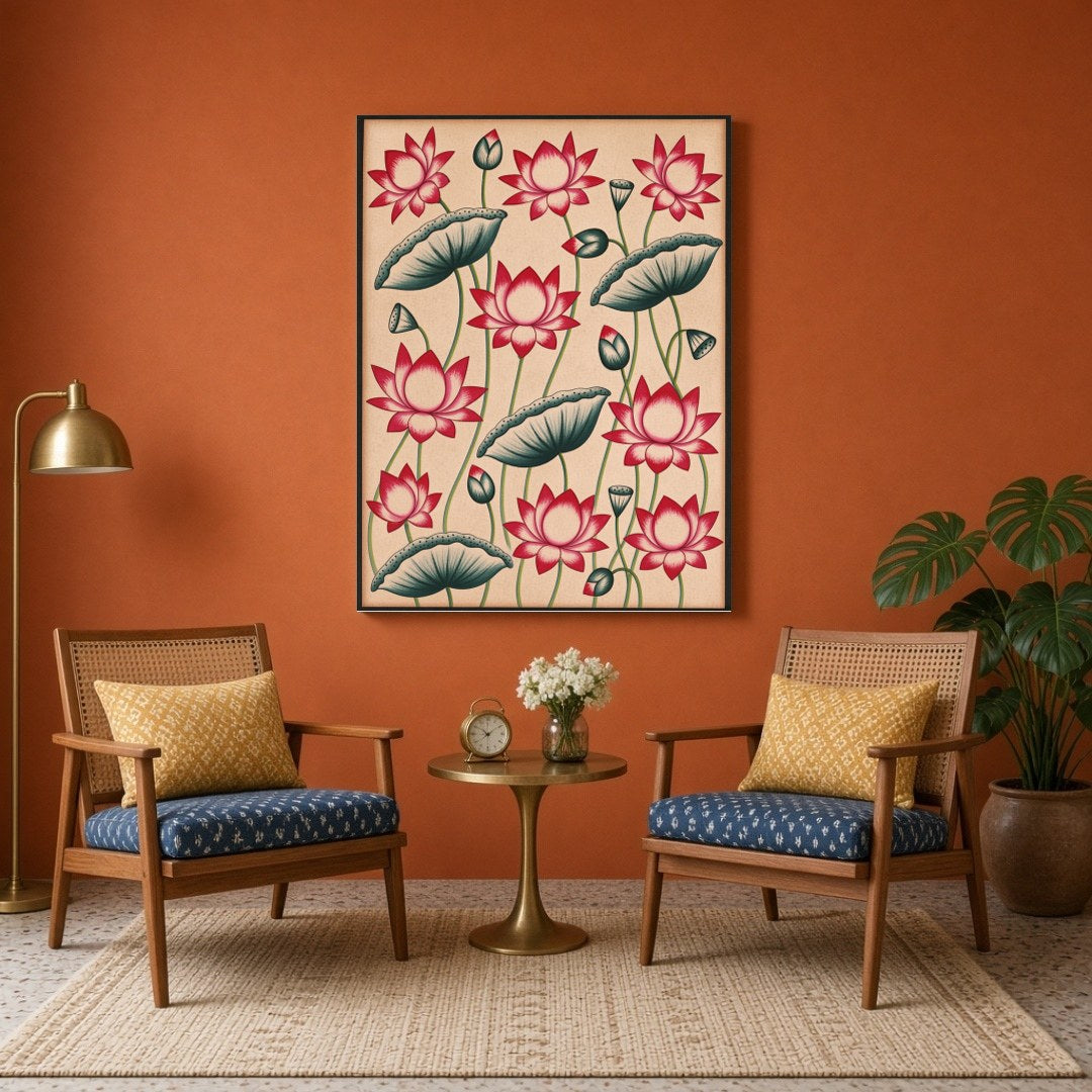 Immerse yourself in the elegance of Pichwai art with this stunning depiction of vibrant lotus for Sitting Area