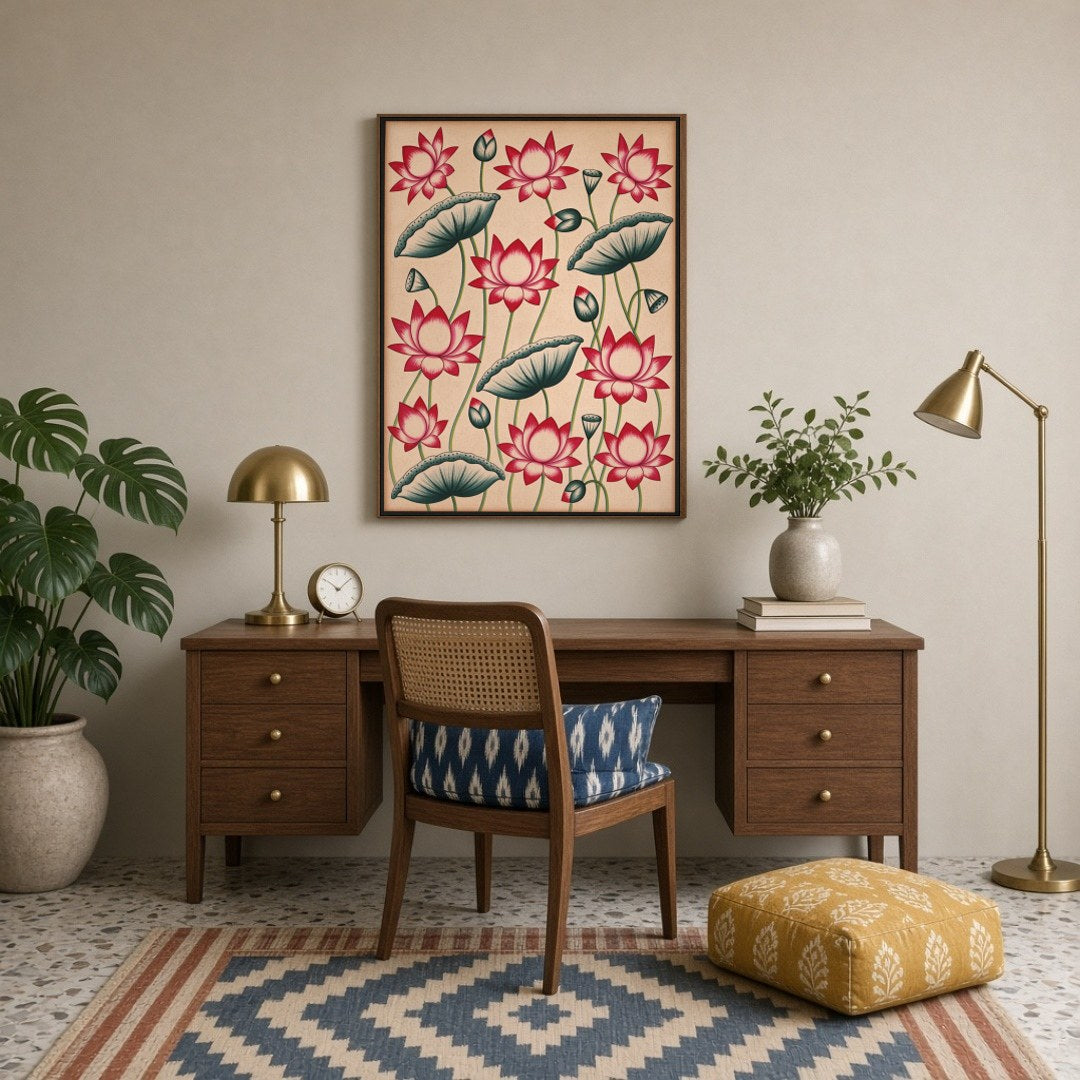 Immerse yourself in the elegance of Pichwai art with this stunning depiction of vibrant lotus for Study
