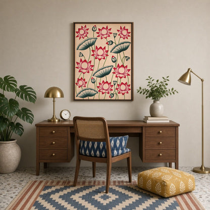 Immerse yourself in the elegance of Pichwai art with this stunning depiction of vibrant lotus for Study