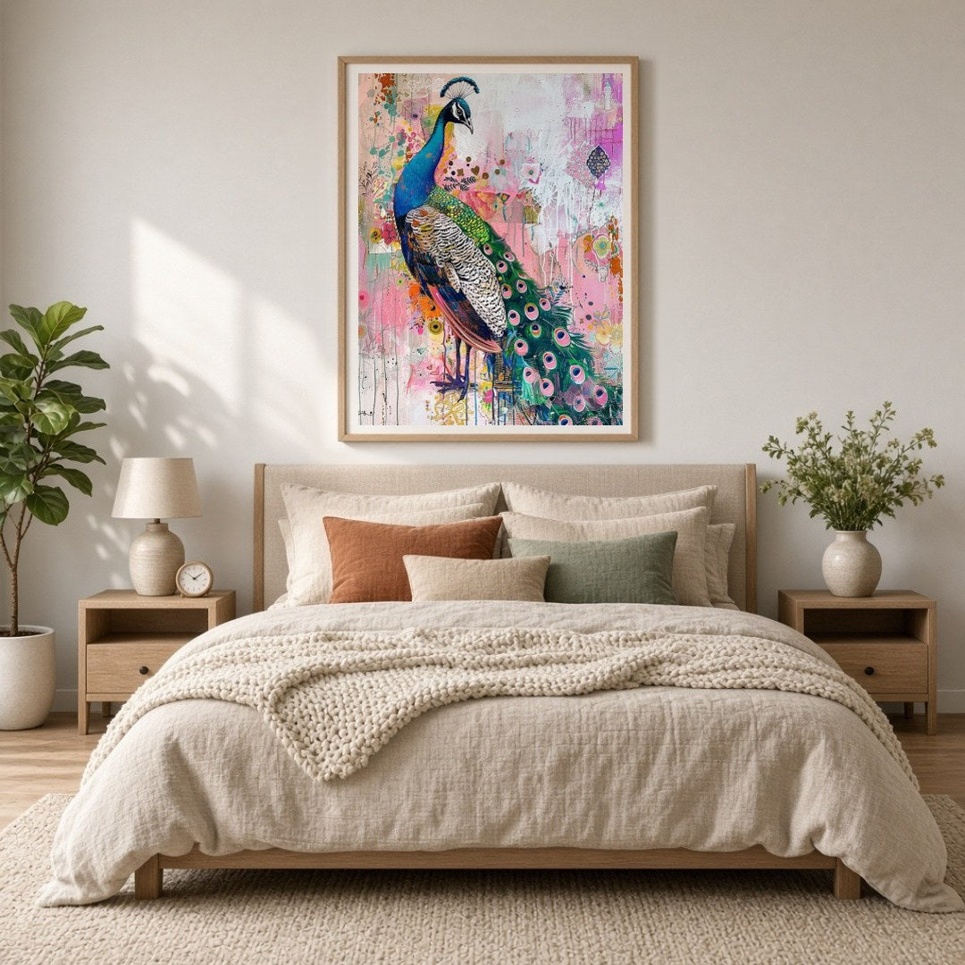 This striking art print captures the regal beauty of a peacock amidst a lively abstract garden. The for Bedroom
