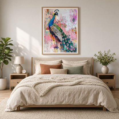 This striking art print captures the regal beauty of a peacock amidst a lively abstract garden. The for Bedroom