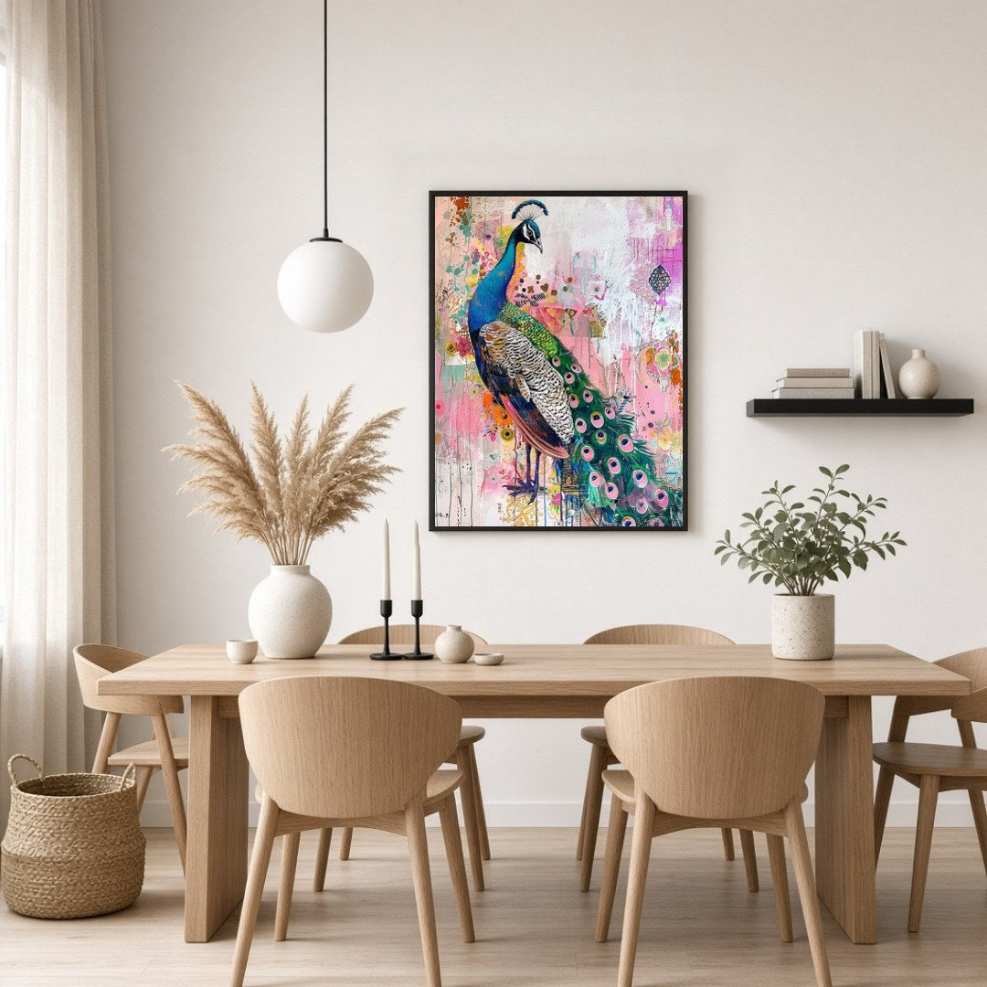 This striking art print captures the regal beauty of a peacock amidst a lively abstract garden. The for Dining