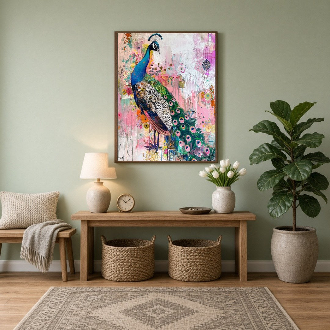 This striking art print captures the regal beauty of a peacock amidst a lively abstract garden. The for Entrance