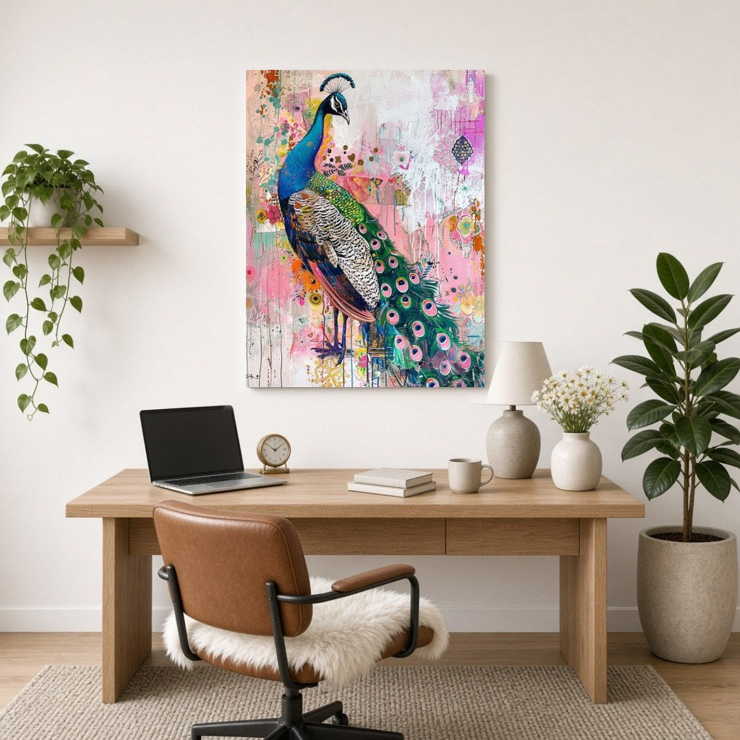 This striking art print captures the regal beauty of a peacock amidst a lively abstract garden. The for Home Office