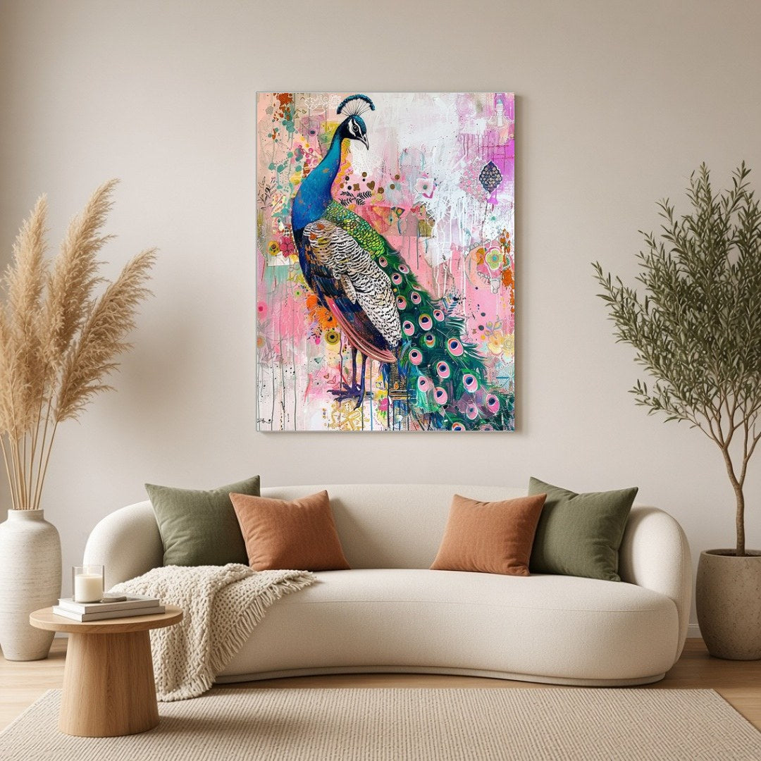 This striking art print captures the regal beauty of a peacock amidst a lively abstract garden. The for Living Room