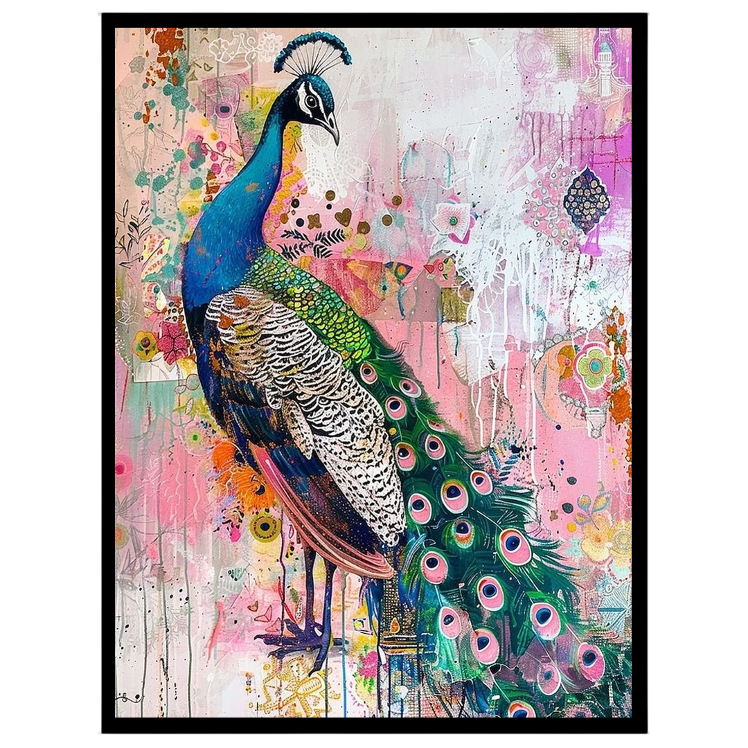 This striking art print captures the regal beauty of a peacock amidst a lively abstract garden. The for residence