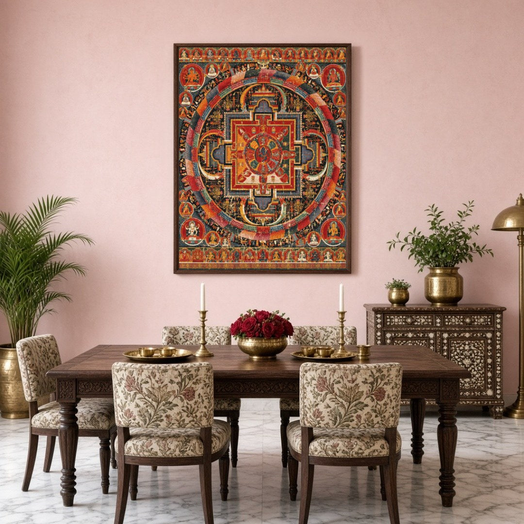 Immerse yourself in the intricate beauty of this vibrant Mandala, showcasing the serene presence of for Dining