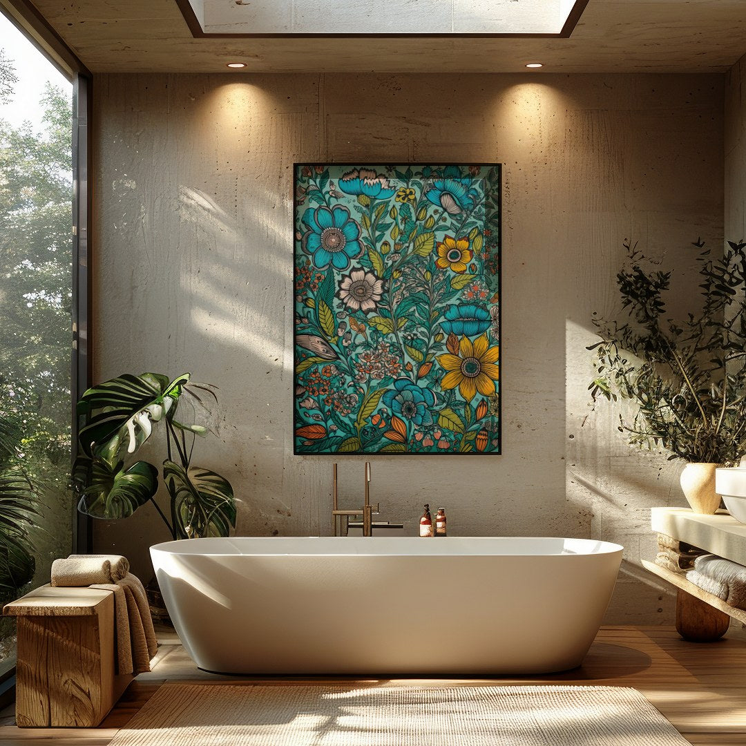 Immerse yourself in the vibrant hues of this stunning meadow-inspired artwork, featuring an array for Bathroom
