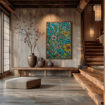 Immerse yourself in the vibrant hues of this stunning meadow-inspired artwork, featuring an array for Hall